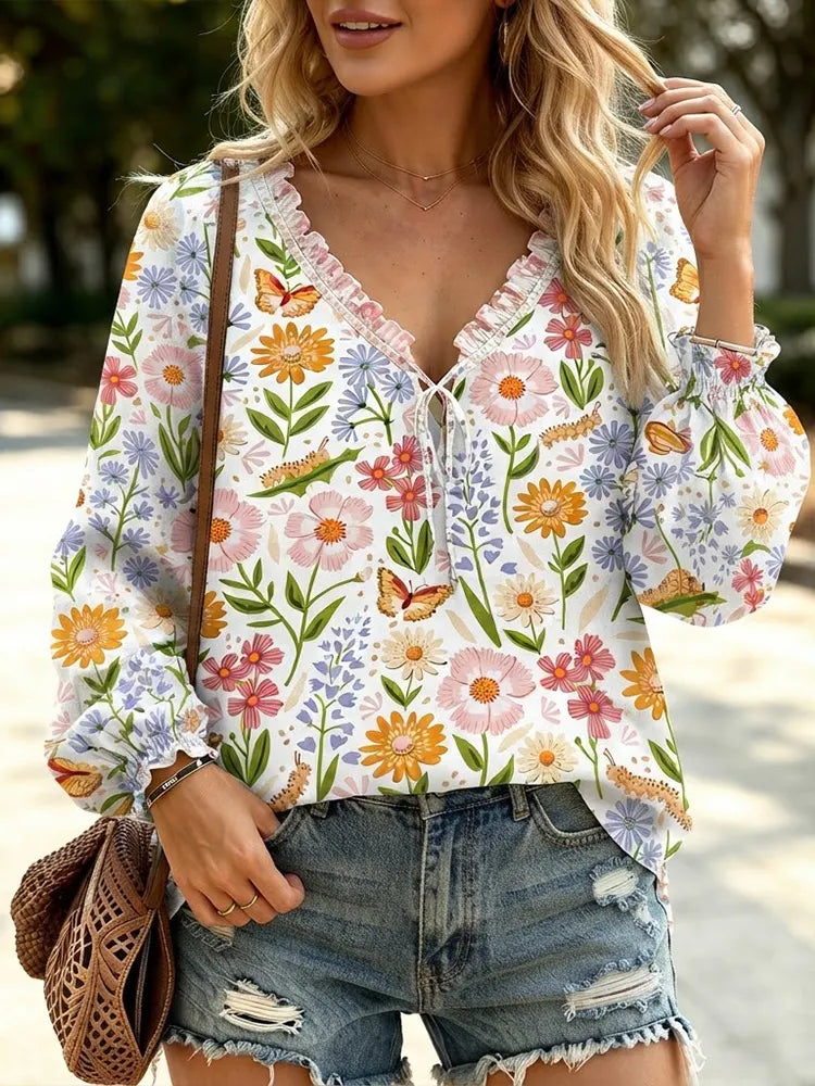 Women's Floral Butterfly V-neck Blouse