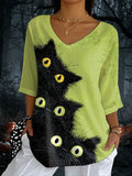 Women's Halloween Black Cat Print T-shirt