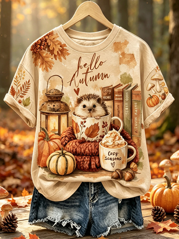 Hello Ladies, Autumn Hedgehog Illustration Print Raglan Short Sleeve Top