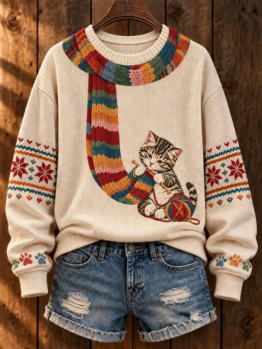 Women's Cat Knitting A Scarf Fun Cat 3d Print Sweater