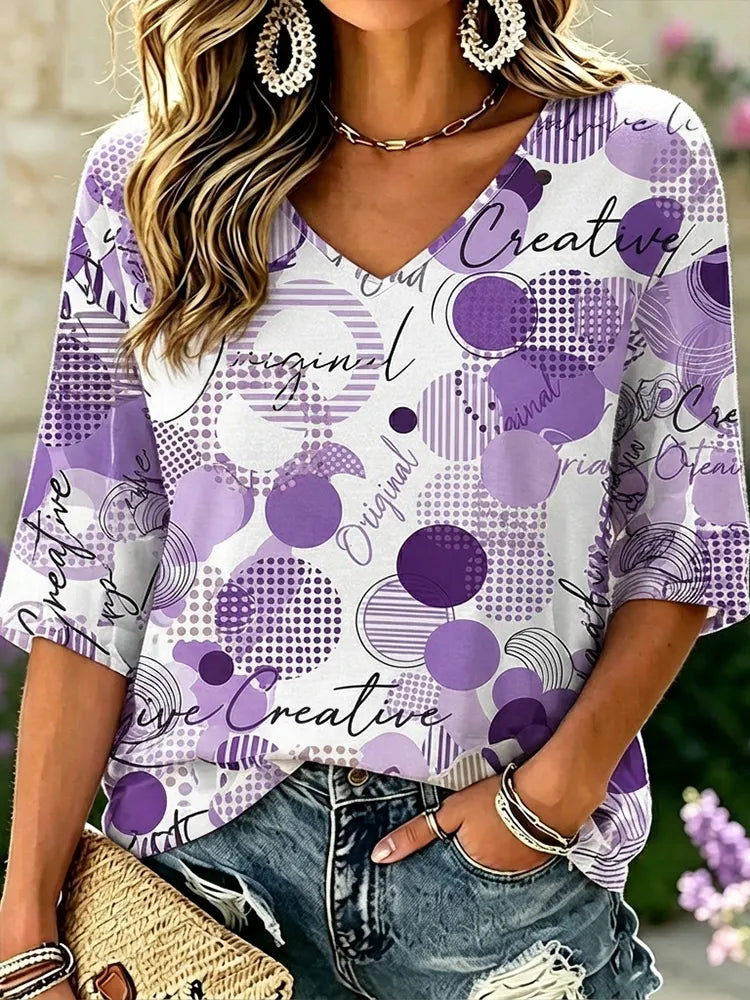 Women's Casual V-neck Half Sleeve T-shirt In White And Purple With Polka Dots And "creative" Typography Print