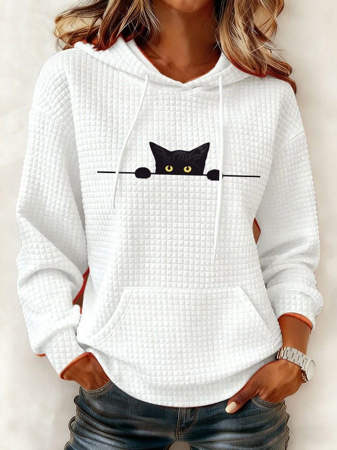 Women's Casual Cat Print Checkered Fabric Hooded Sweatshirt