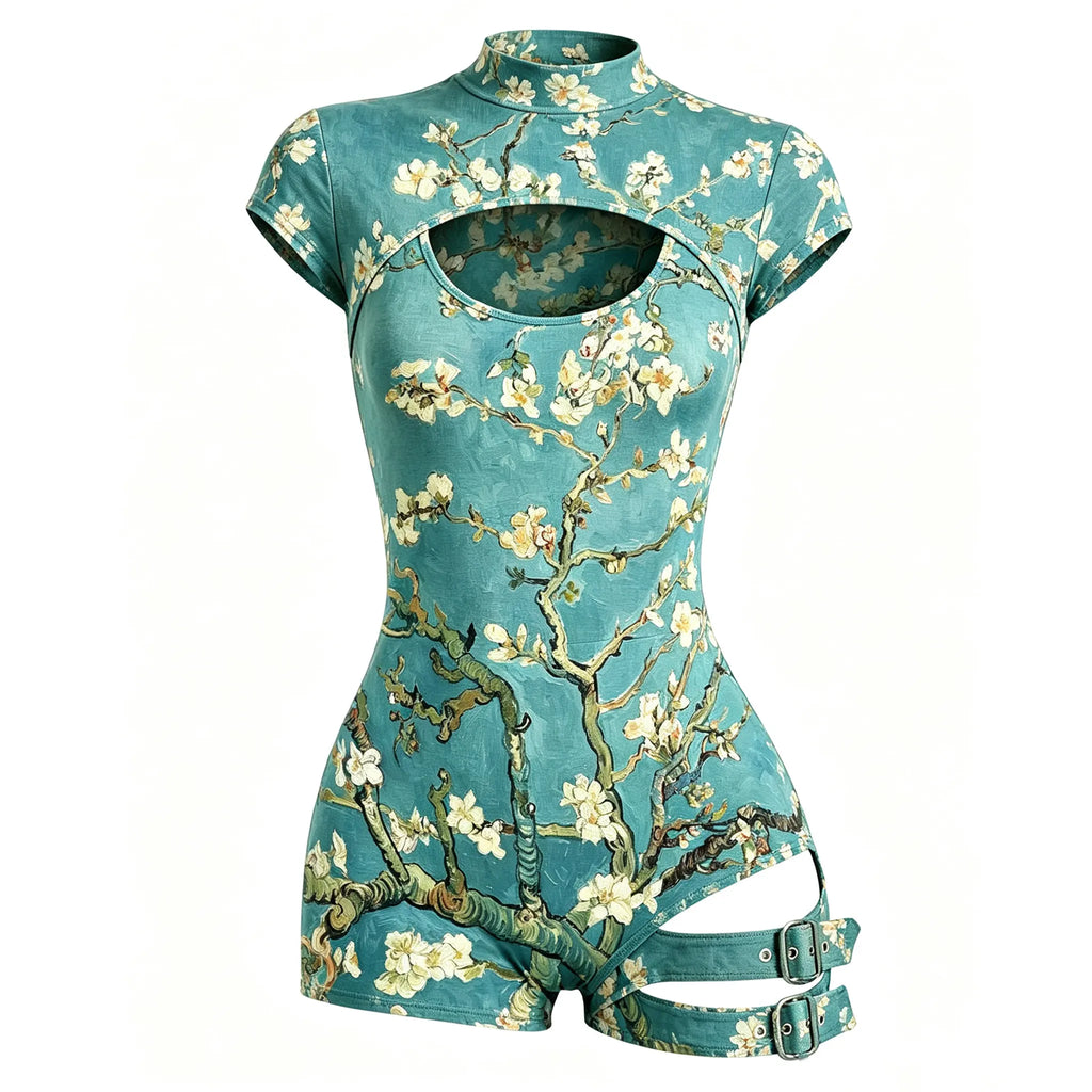 Women's Retro Japanese Art Floral Print Cotton Linen High-neck Short-sleeve Jumpsuit