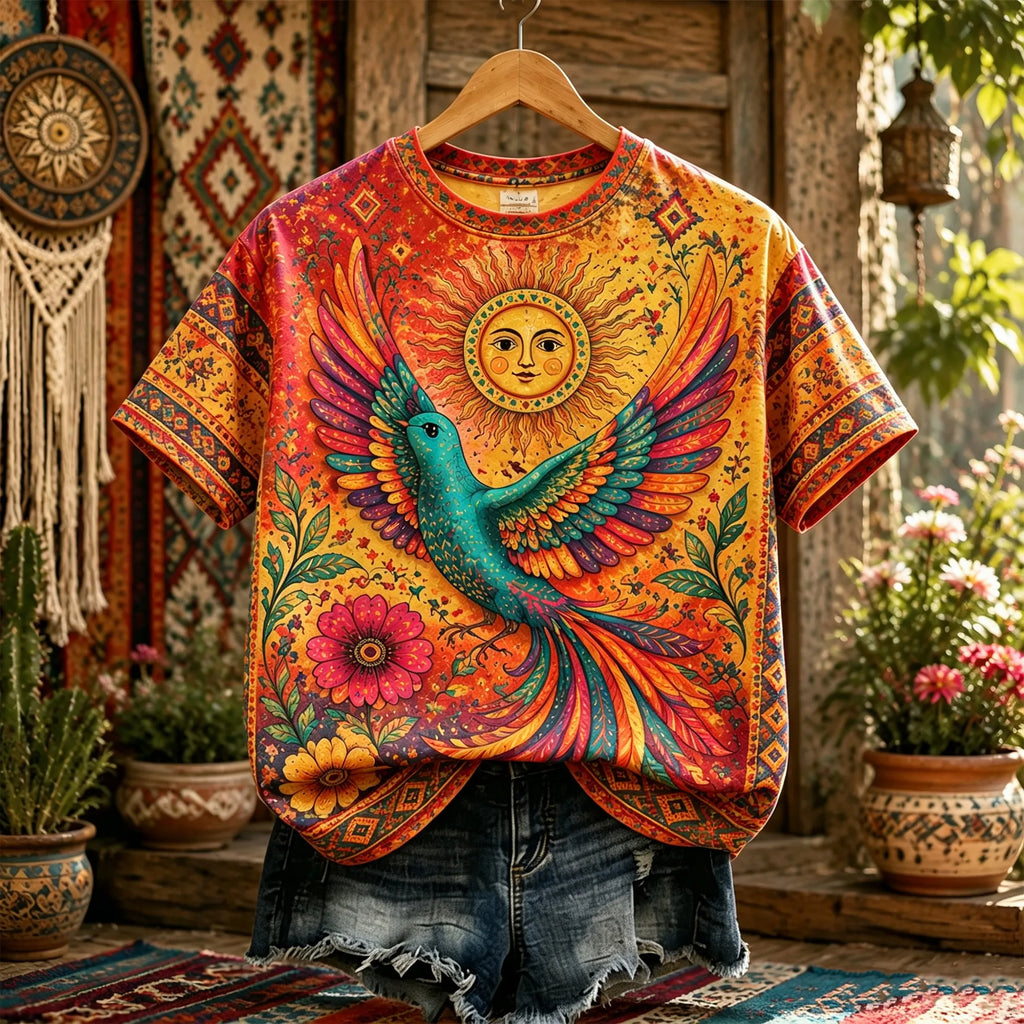 Vintage Bohemian Hippie Style Phoenix Sunflower Pattern Short-sleeve Top