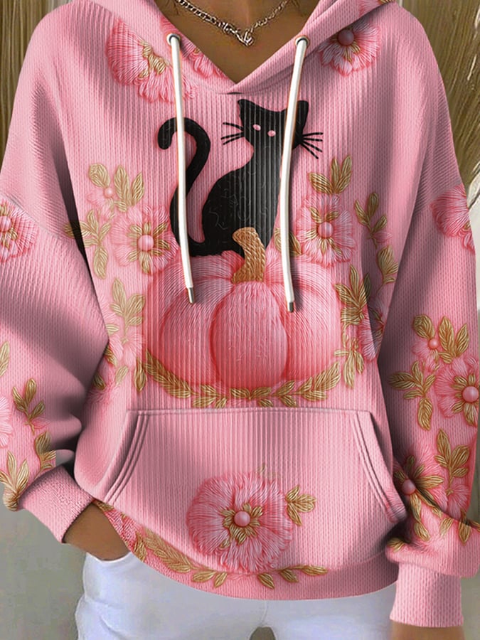 Women's Casual Cat Pumpkin Floral Print Long Sleeve Hooded Sweatshirt