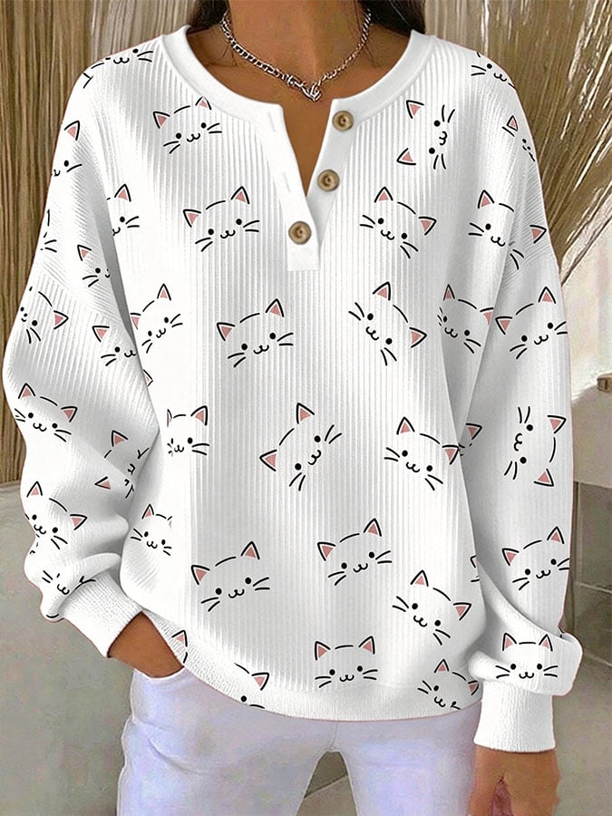 Women's Casual Cat Print Button-Up Collar Knit Top