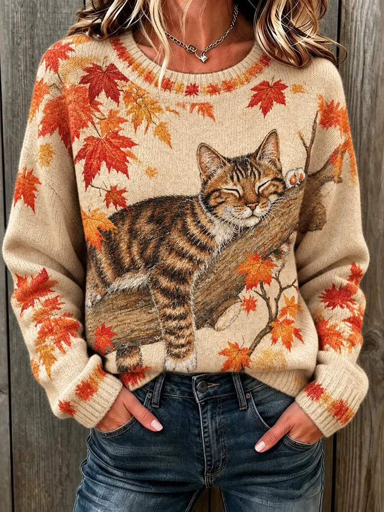 Women's Cute Cat And Maple Leaf Jacquard Knit Sweater