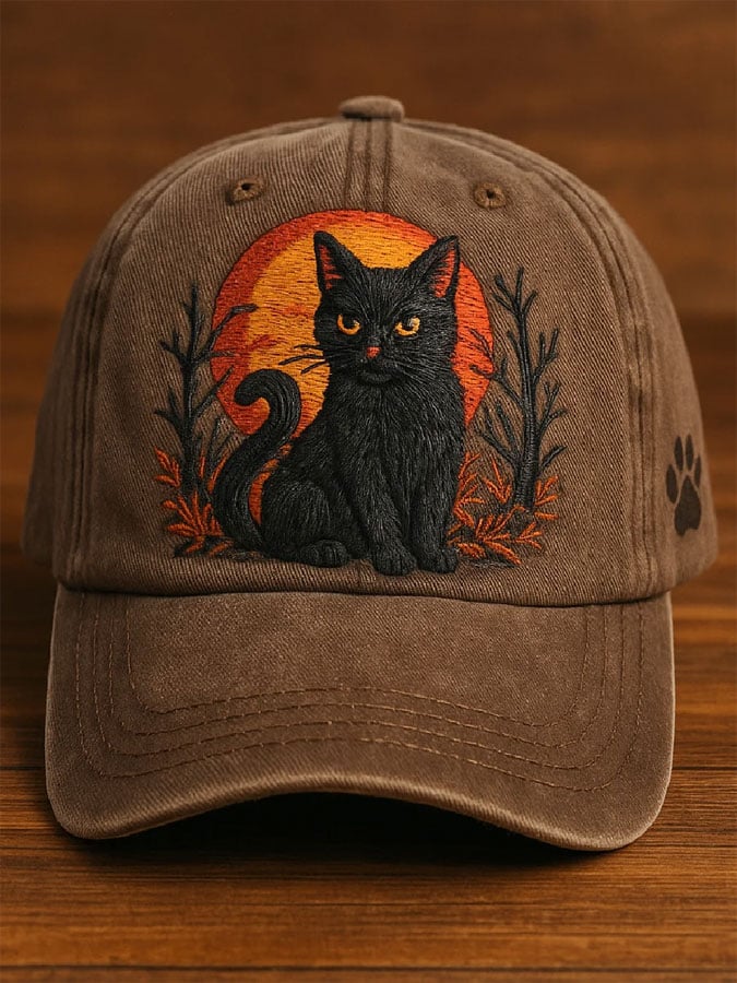 Unisex Distressed Washed Cute Cat Print Hat