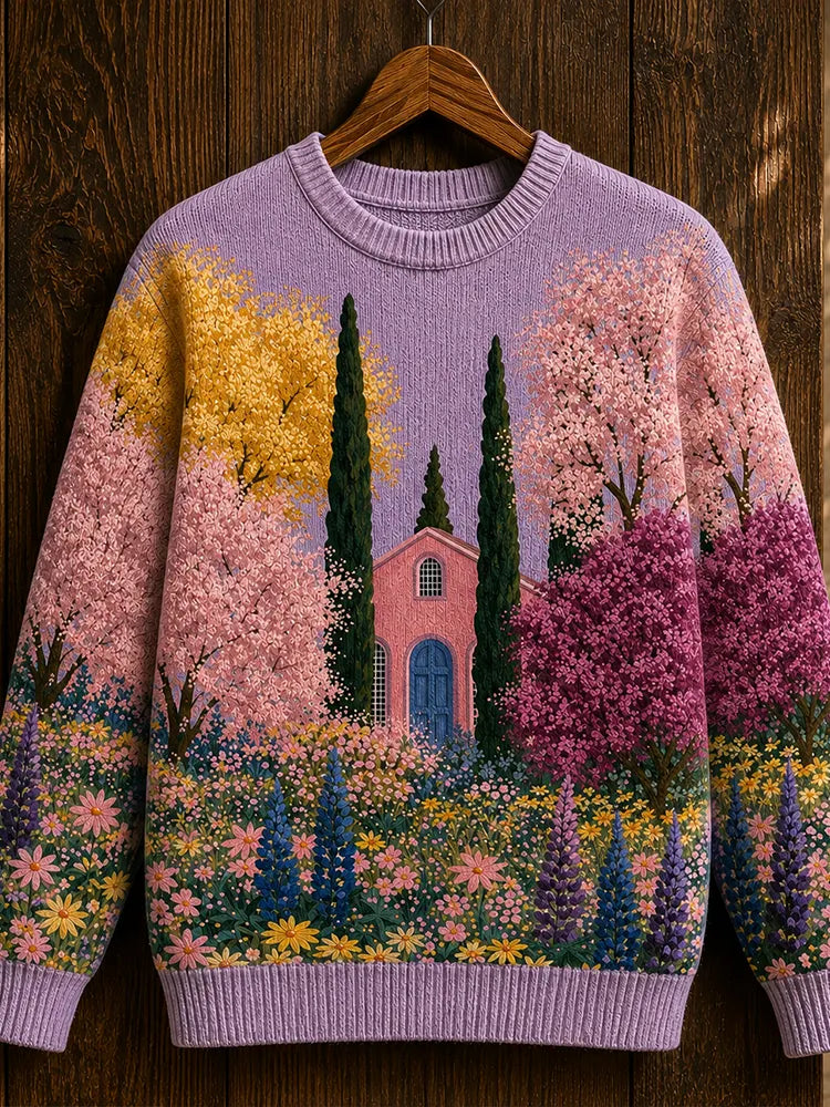 Women's Lavender Garden Graphic Knit Sweater - Pink Villa & Cypress Tree Print