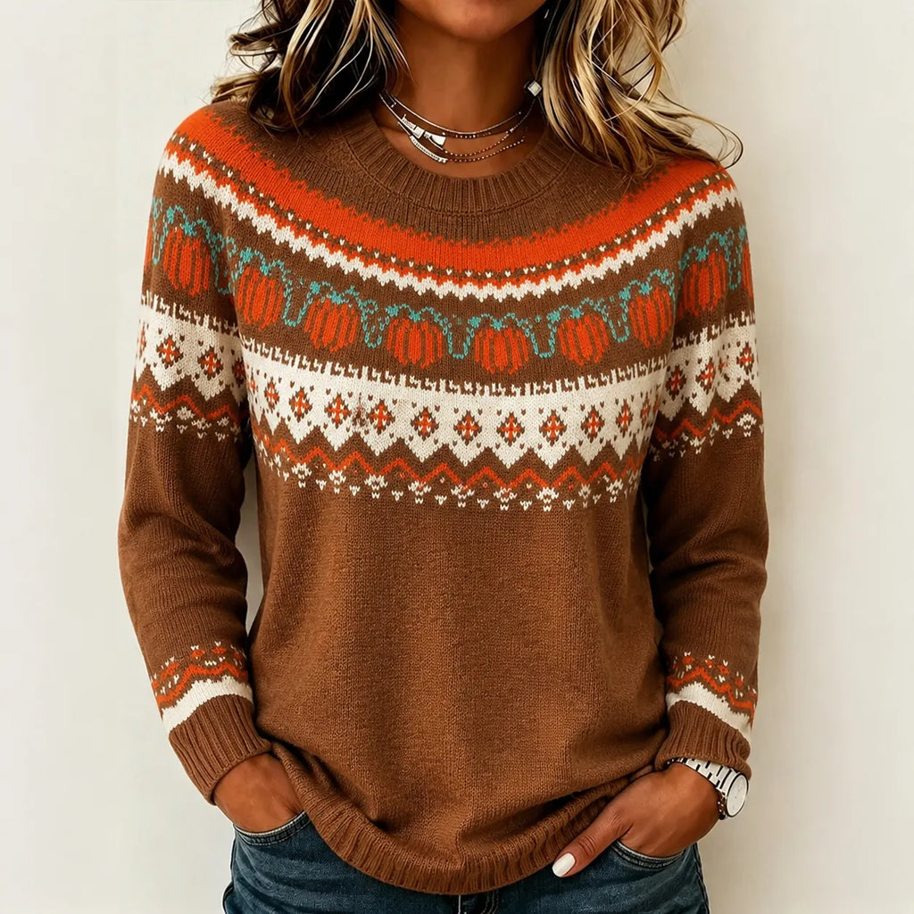 Women's Vintage Halloween Pumpkin Pattern Cozy Knit Sweater