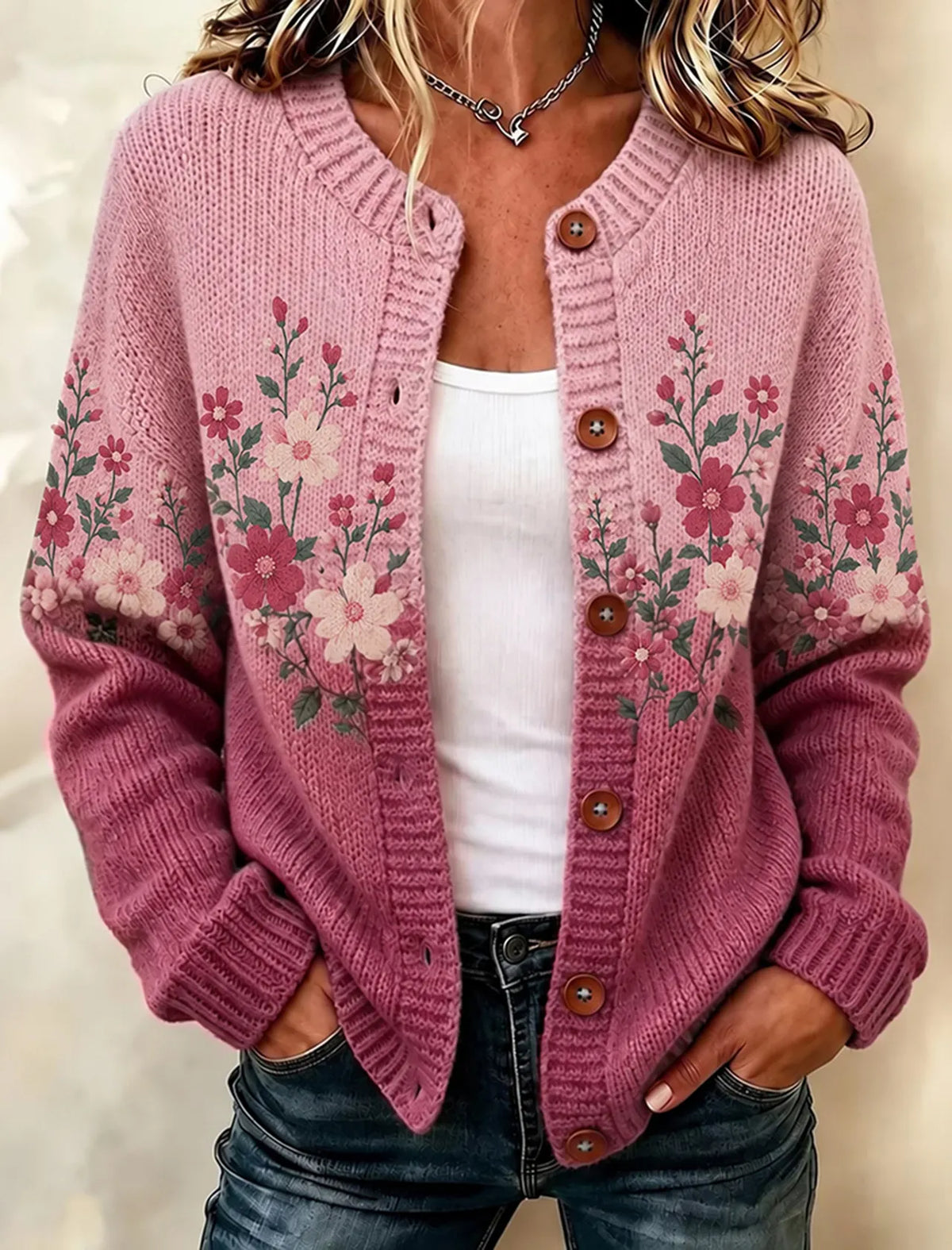 Women's Retro Floral Pattern Art Casual Knit Cardigan