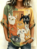 Women's Linen Retro Cat Print Shirt