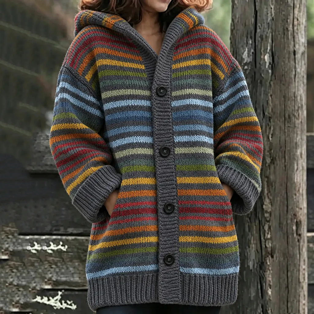 Women's Retro Colorful Striped Art Warmth Knit Hooded Cardigan
