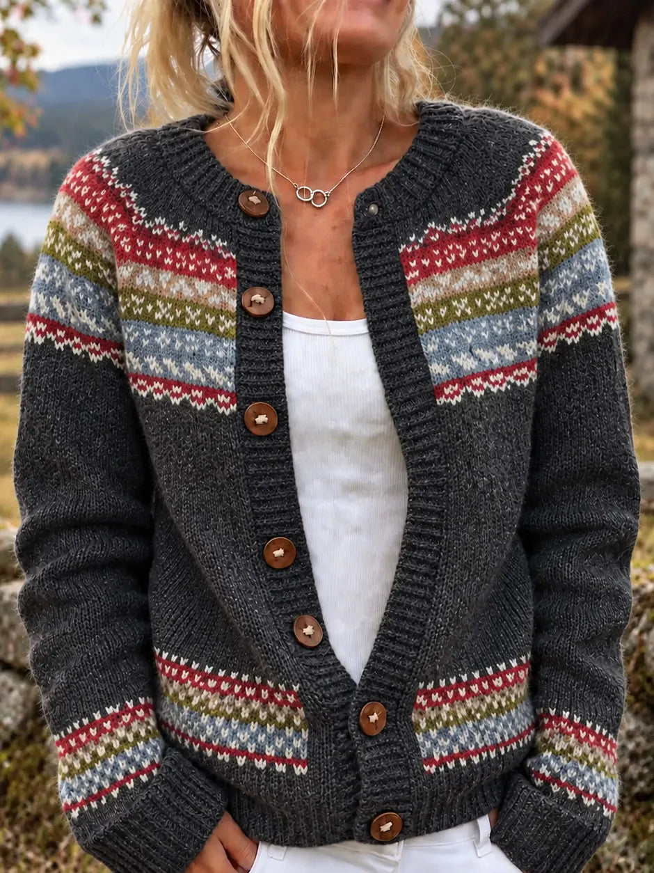 Women's Vintage Fair Isle Jacquard Casual Knit Cardigan Sweater