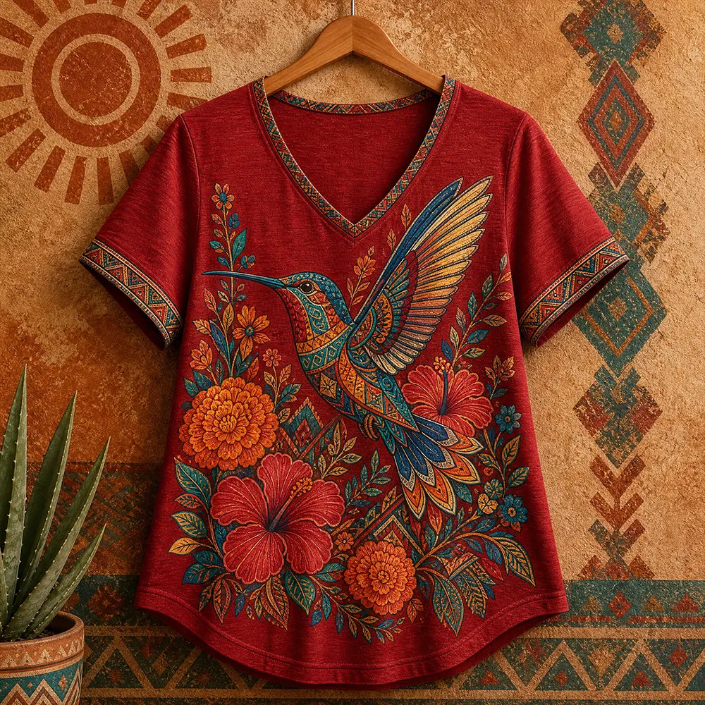 Women's Hummingbird Floral V-neck Short-sleeve T-shirt