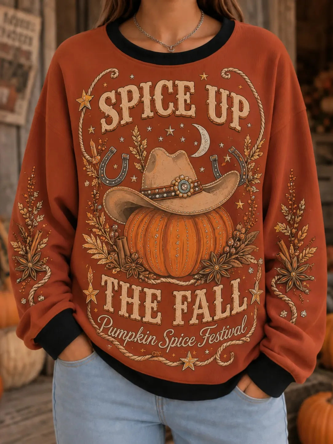 Women's Vintage Spice Up The Fall Print Crew Neck Sweatshirt