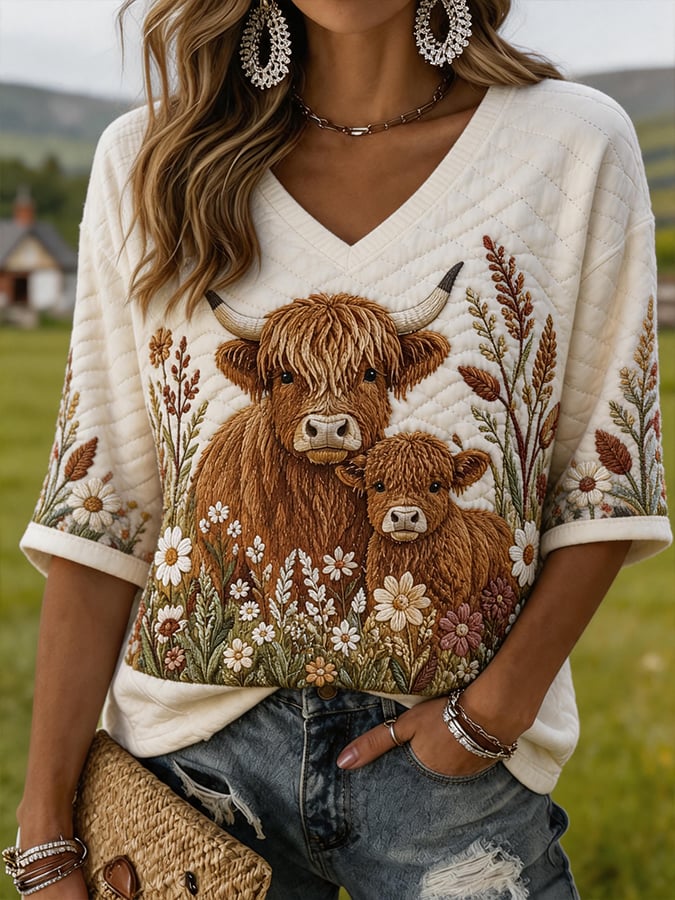 Women'S Retro Country Highland Cow Print T-Shirt