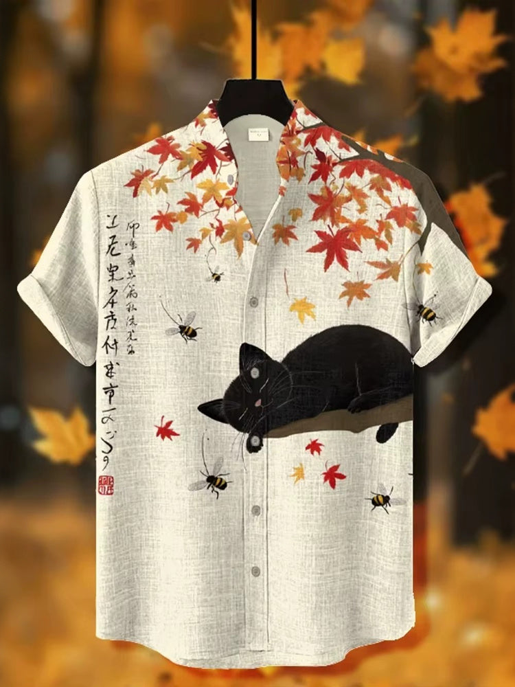 Men's Vintage Lazy Cat Sleeps In Fall Maple Pattern Linen Blend Casual Shirt