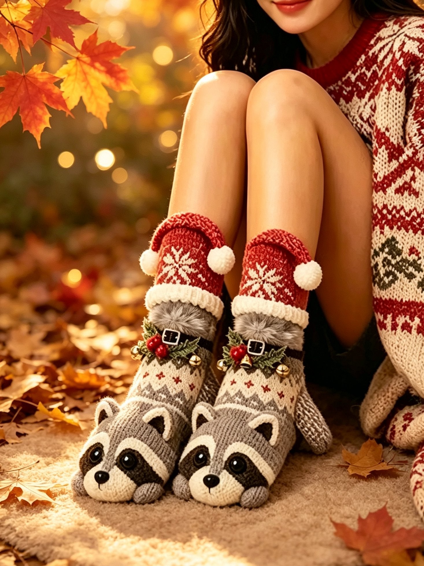 Cute 3D Raccoon Hugging Knit Socks