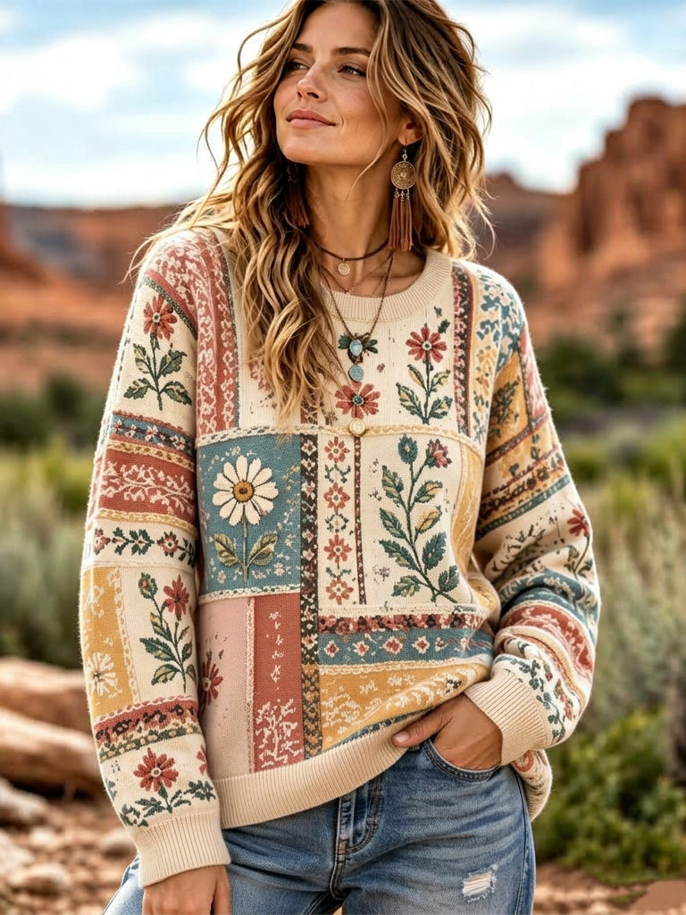 Women's Vintage Bohemian Floral Jacquard Knit Crew-neck Sweater