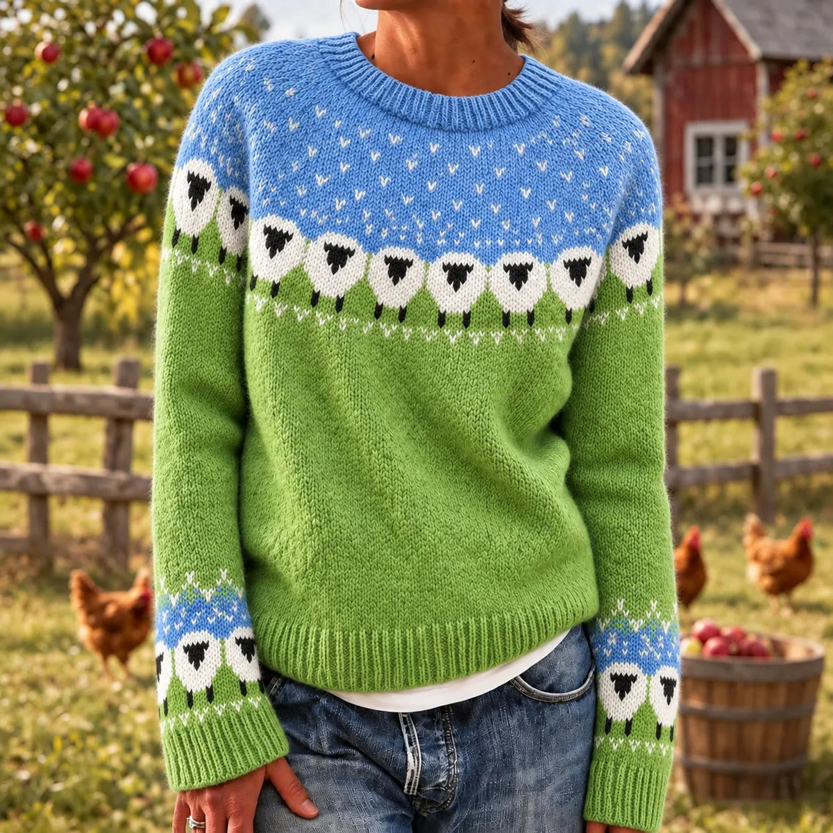 Women's Farm Sheep Pattern Cozy Knit Sweater