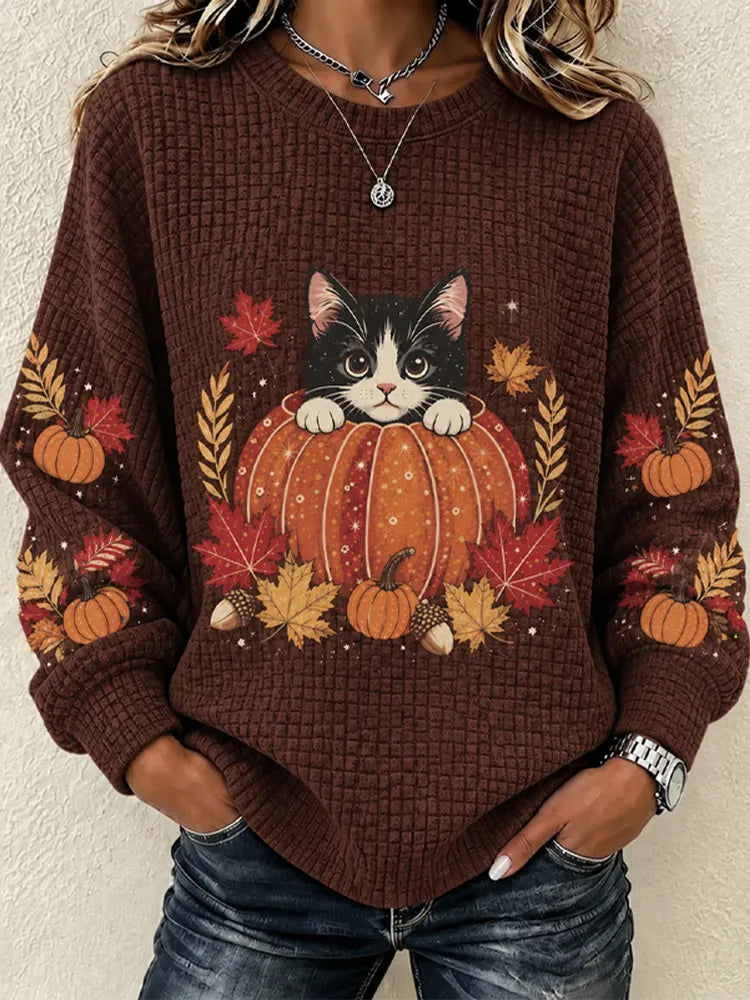 Women's Cat, Pumpkin, And Maple Leaf Illustration Print Plaid Sweatshirt
