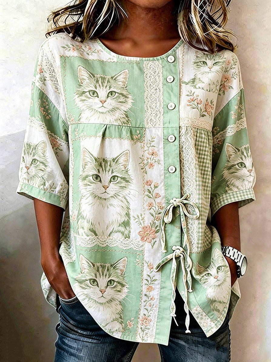 Women's Denim Cat Portrait Patchwork Art Print Casual Top