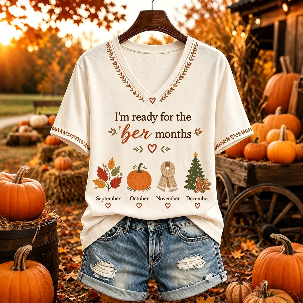 Women's I'm Ready For The 'ber Months Print V Neck Short Sleeve Casual T-shirt