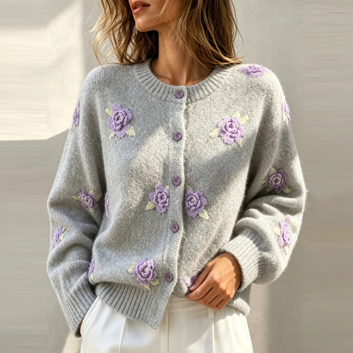 Women's Casual Purple Rose Embroidery Jacquard Knit Cardigan