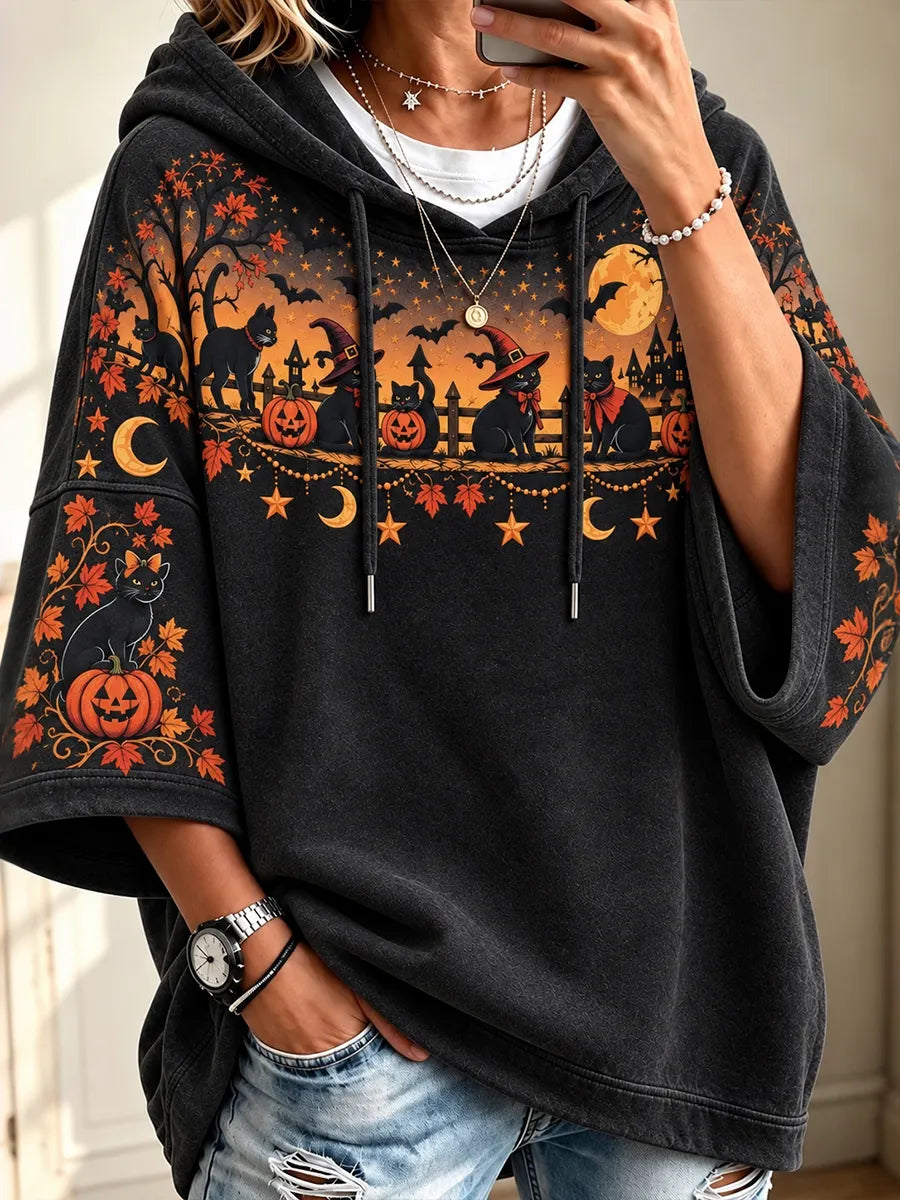 Women's Vintage Halloween Black Cat And Pumpkin Art Print Half Sleeve Casual Hoodie