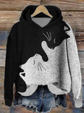 Women's Black And White Cats Print Casual Hooded Sweatshirt