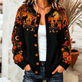Women's Halloween Black Cat And Pumpkin Art Pattern Knit Cardigan