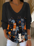 Women's Halloween Black Cat Print Drop Shoulder Sweater