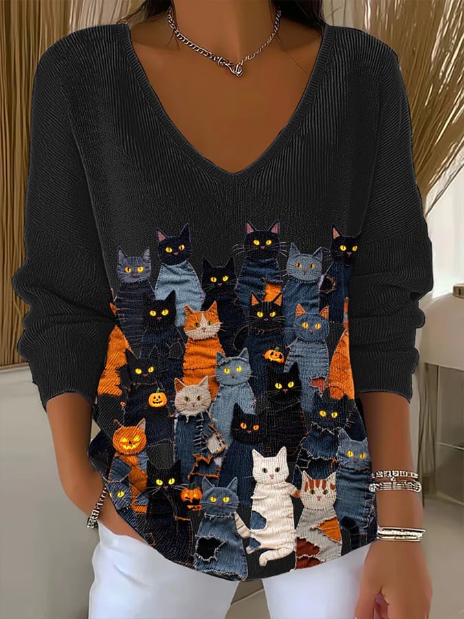 Women's Halloween Black Cat Print Drop Shoulder Sweater