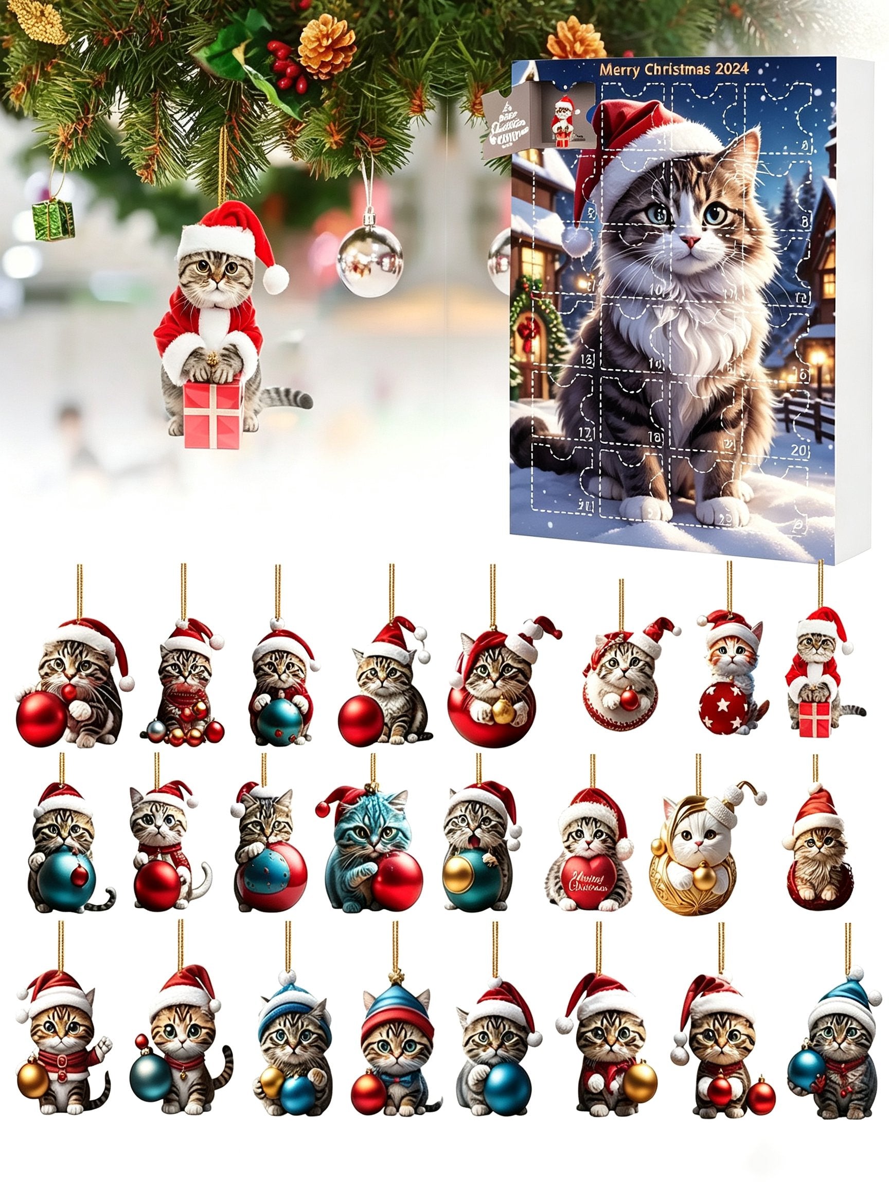 2026 Cats Advent Calendar, Advent Calendar 2026, Countdown for Cats Christmas 24 Days Christmas Advent Calendar with Hanging Decoration for Cats in 2D Acrylic(2D Acrylic Flat)