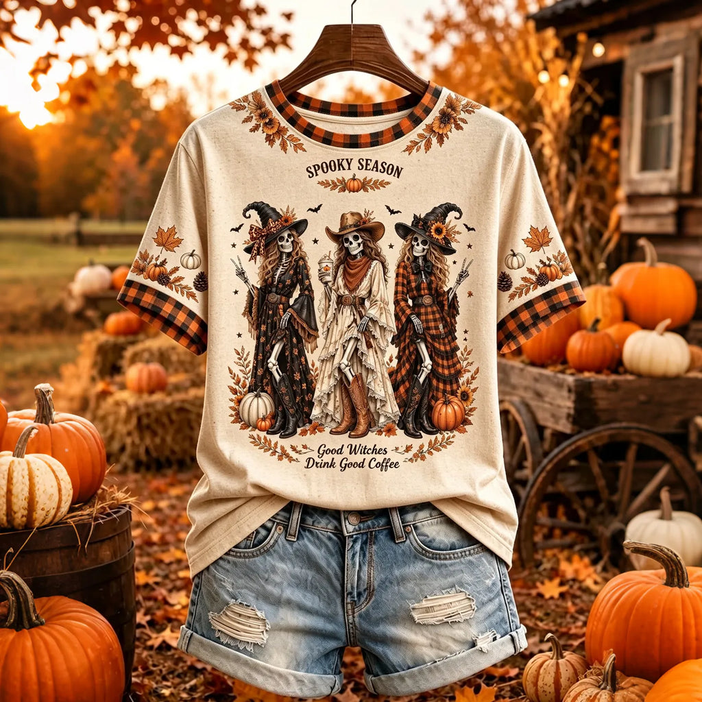 Women's Vintage Halloween Fall Skeleton Print Crew Neck Short Sleeve T-shirt