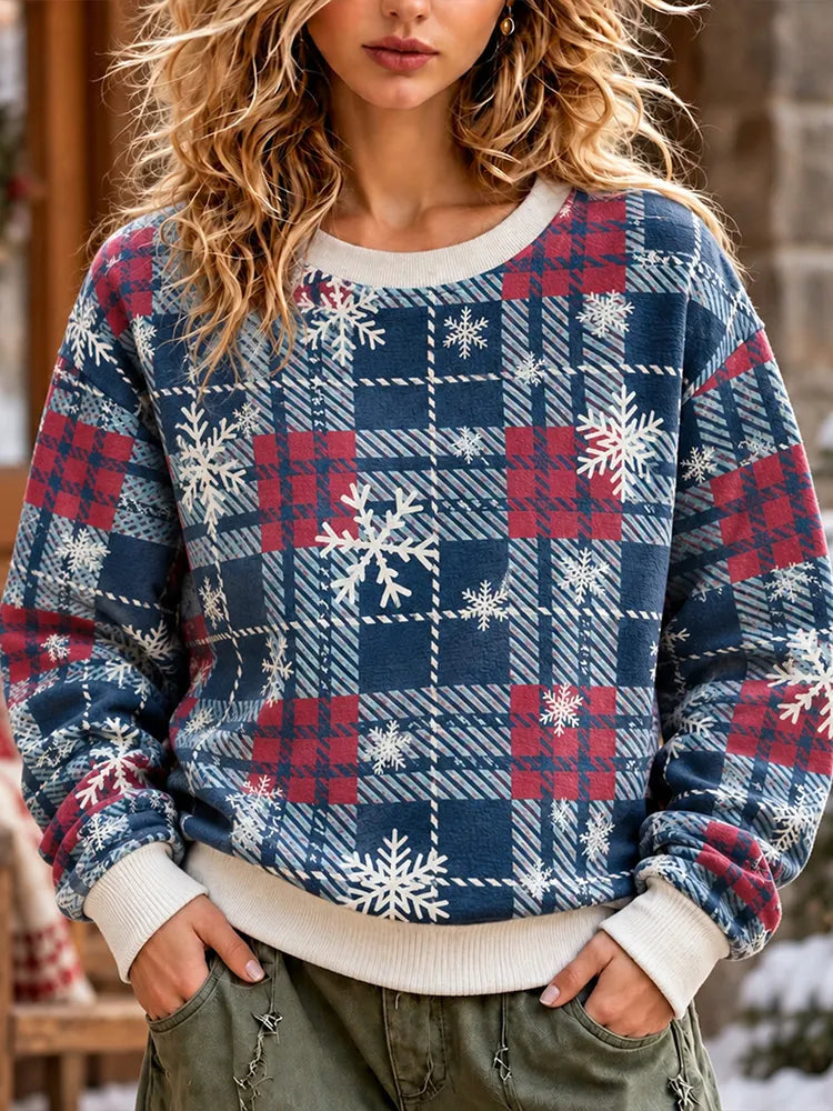 Women's Vintage Christmas Plaid Snowflake Crewneck Sweatshirt