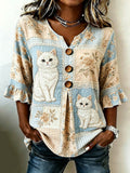 🐾 Buy 3 Save 10%🐱Women's Casual Animal Cat Floral Cotton Linen Top💛100% For Shelter Pets🐱🐶