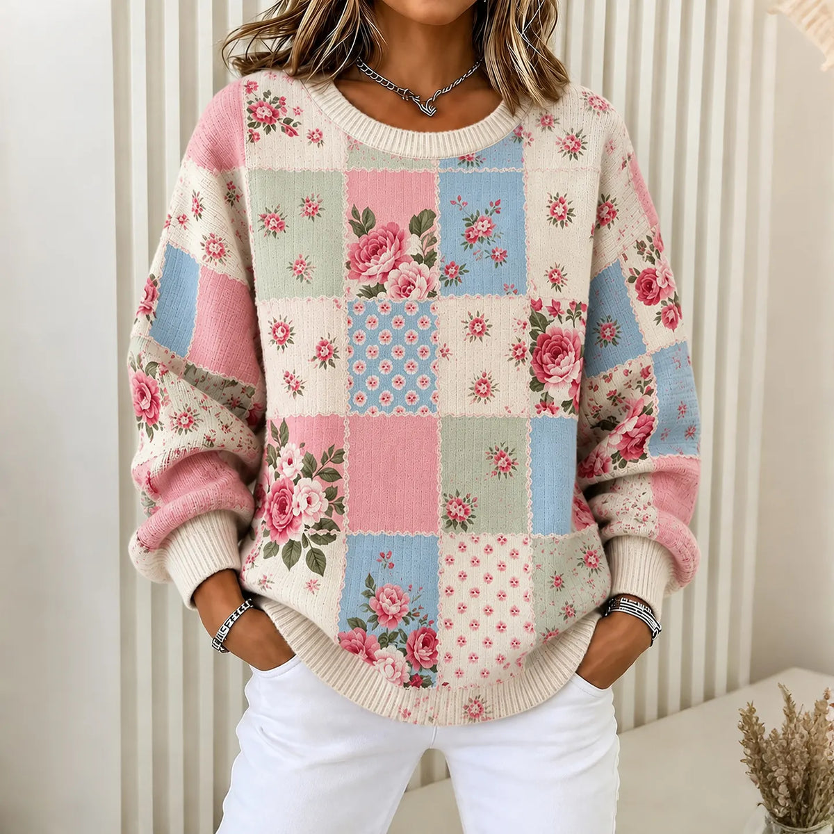 Women's Retro Floral  Pattern Art Casual Knit Sweater