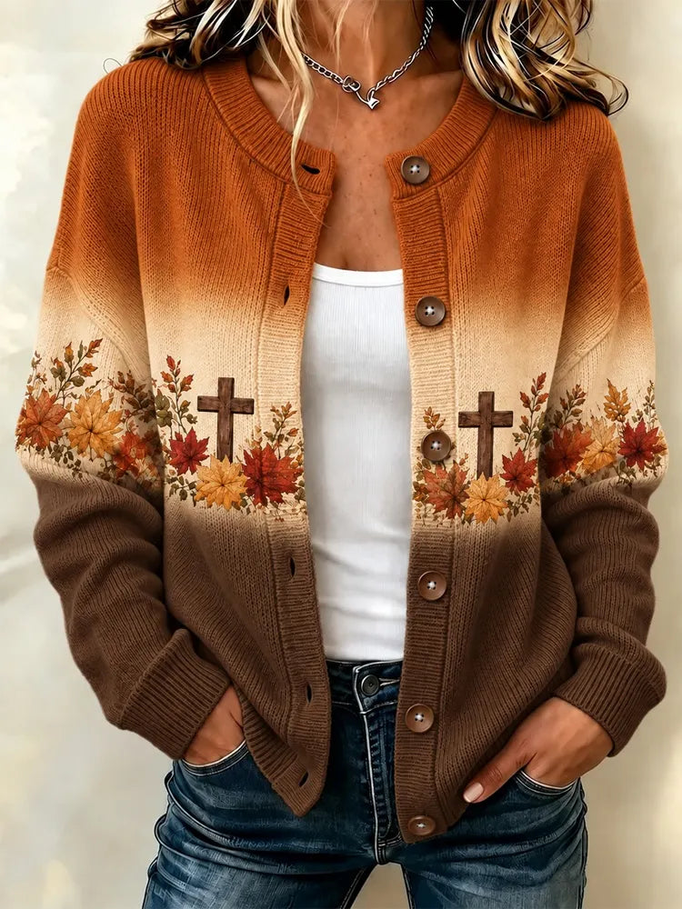 Women's Autumn Halloween Cross And Maple Leaf Pattern Tri-color Gradient Knit Cardigan