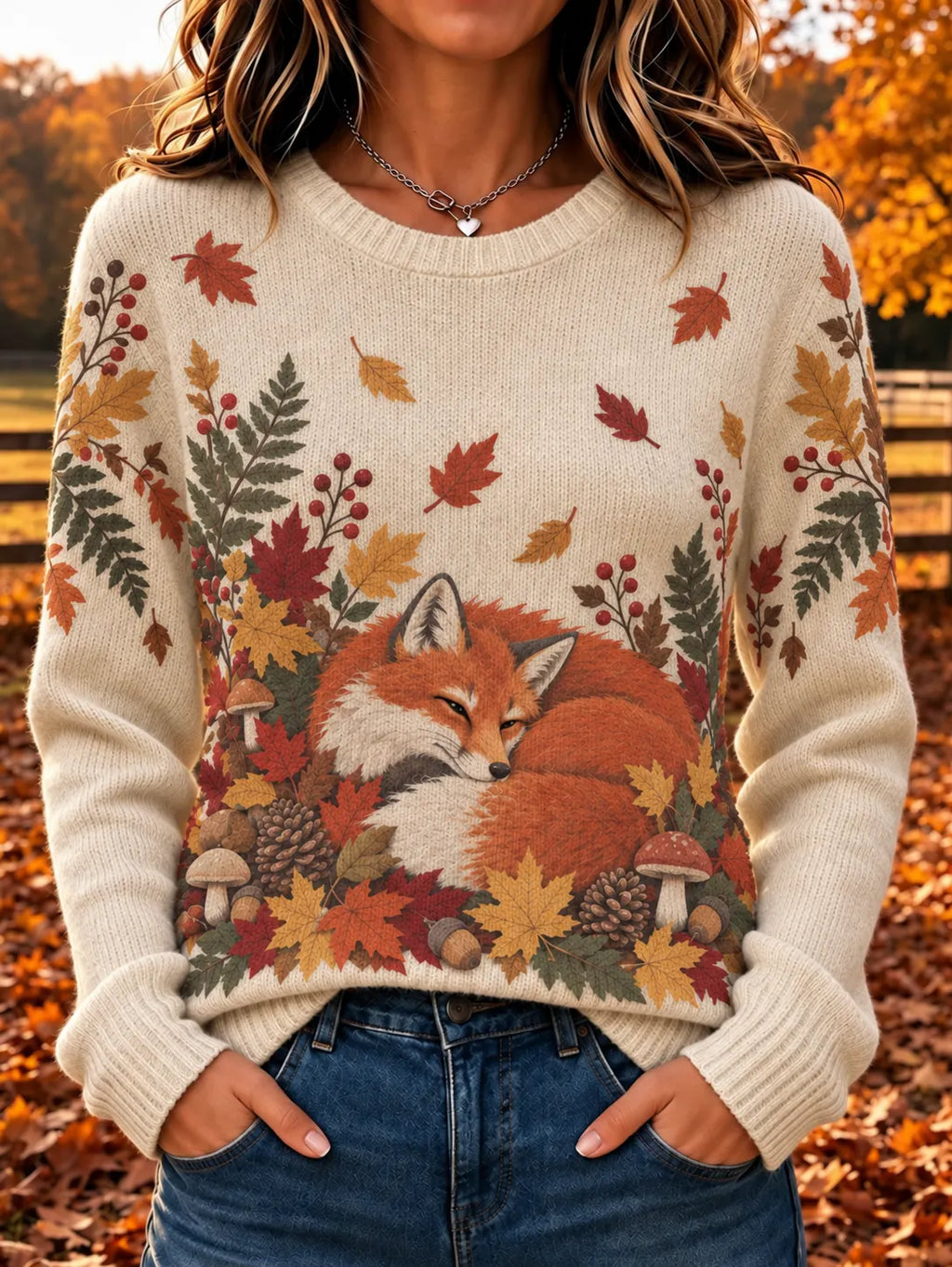 Women's Autumn Embraces The Fox Print Crew Neck Long-sleeve Knit Sweatshirt