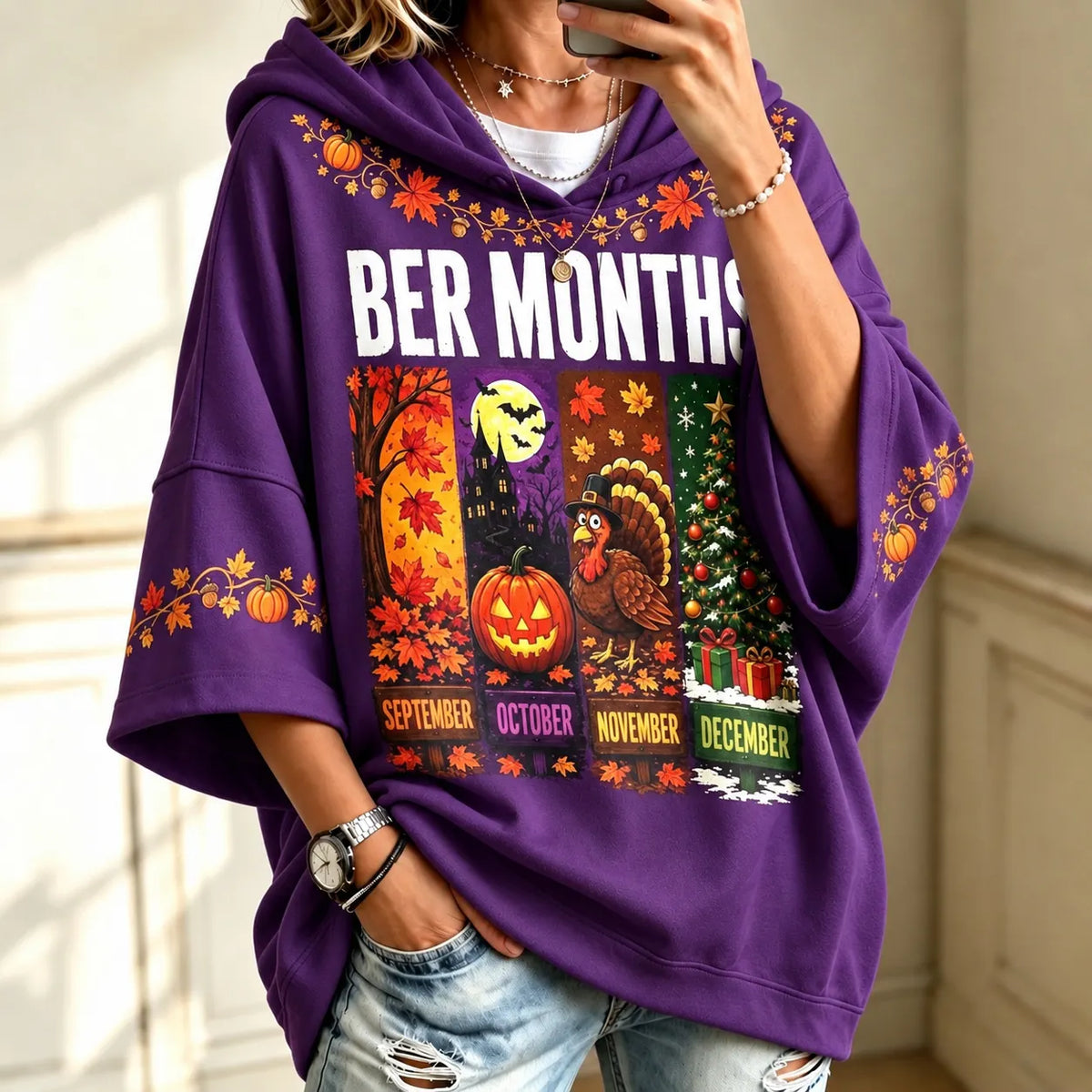Women's Vintage The 'ber Months Print Half Sleeve Casual Hoodie
