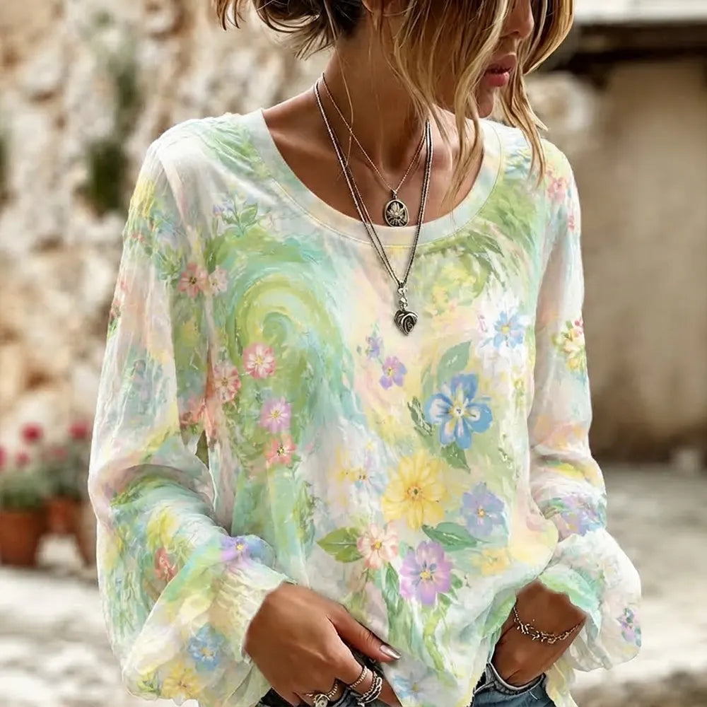 Women's Watercolor Floral Print Long-sleeve Blouse
