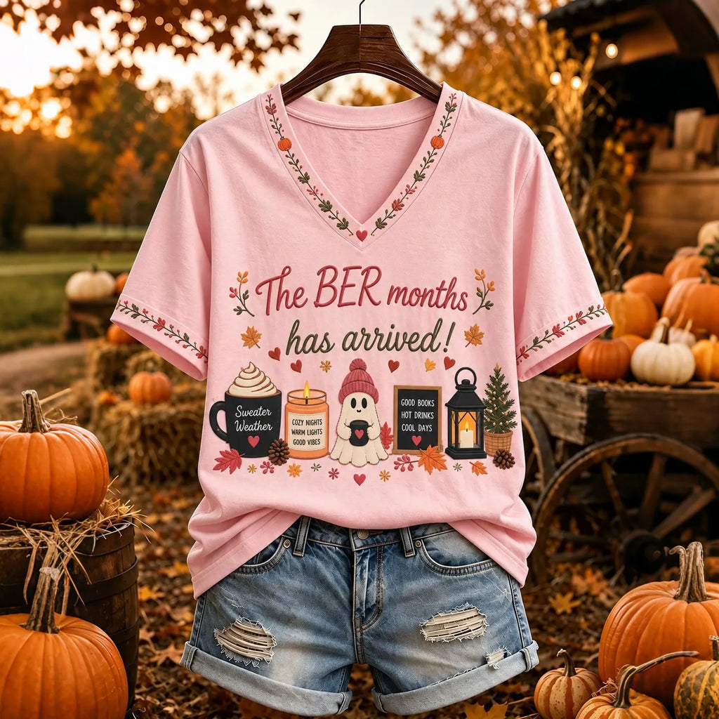 Women's The Ber Months Has Arrived Print V Neck Short Sleeve Casual T-shirt