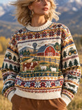 Women's Vintage American Farm Barn And Animal Landscape Crewneck Sweater