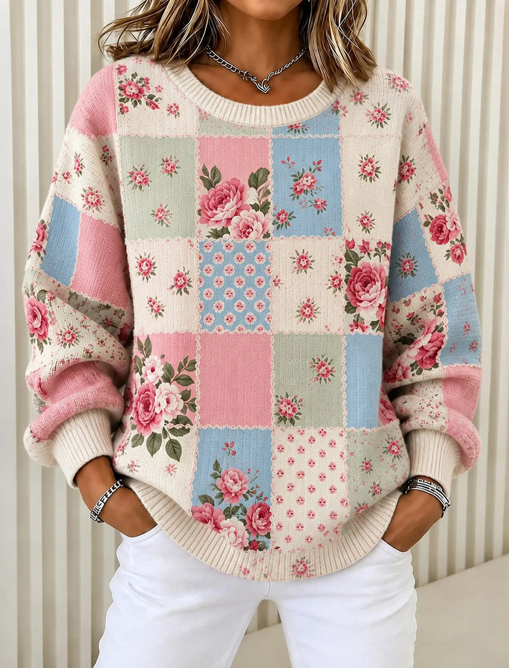 Women's Retro Floral  Pattern Art Casual Knit Sweater