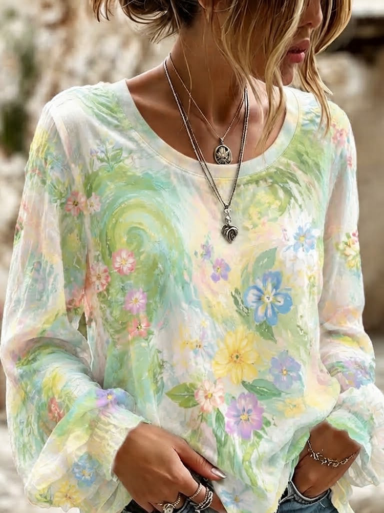 Women's Watercolor Floral Print Long-sleeve Blouse