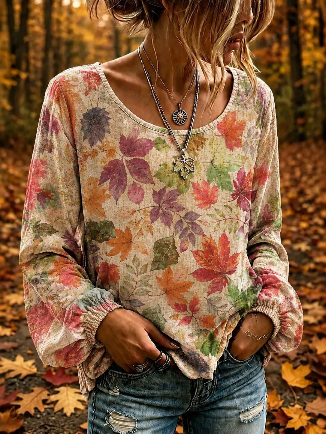 Women's Vintage Boho Fall Maple Leaf Print Art Flowy Linen Blend Tops