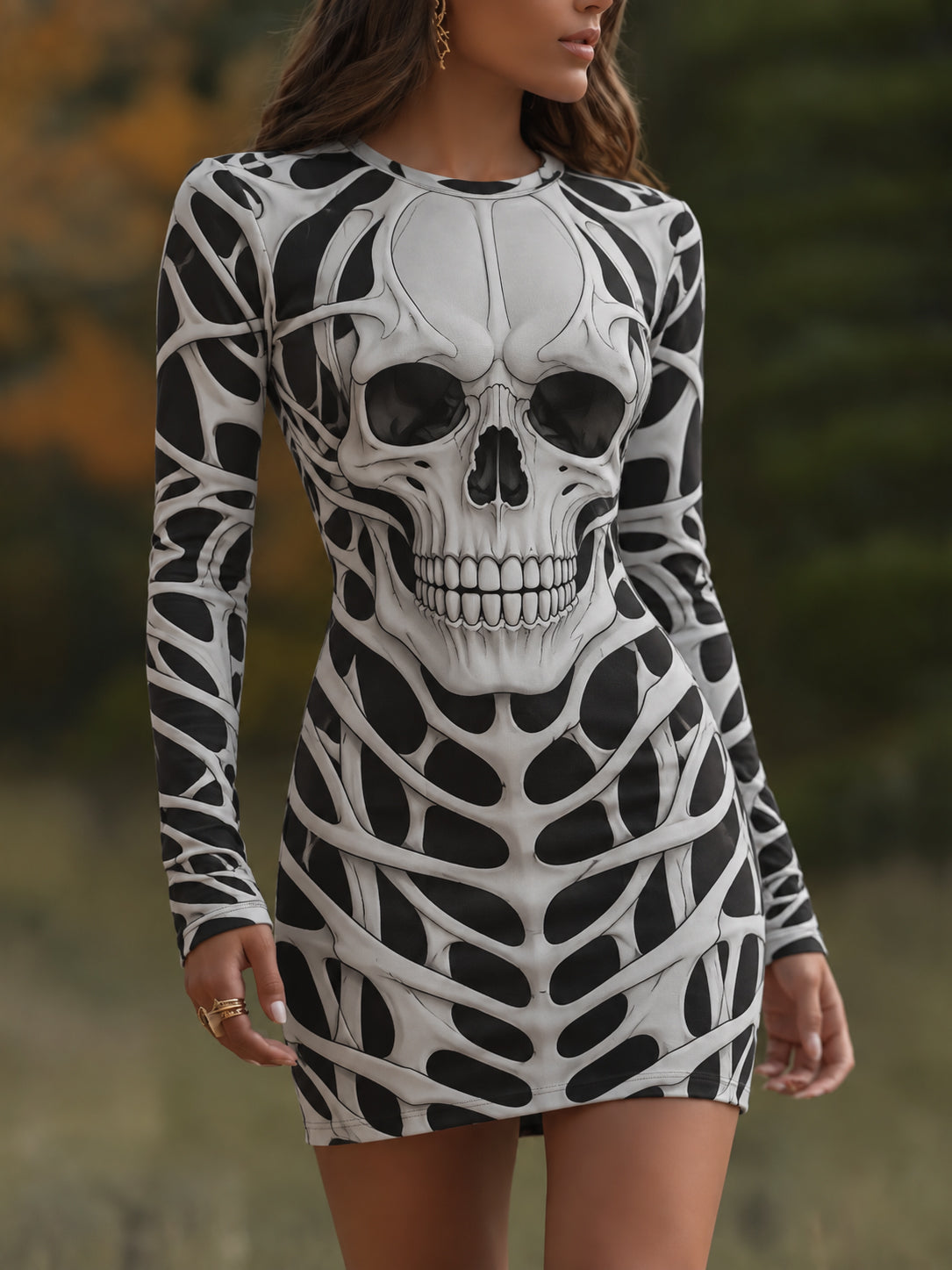 Women's Vintage Halloween Fall Skull Face Art Comfy Mini Bodycon Dress