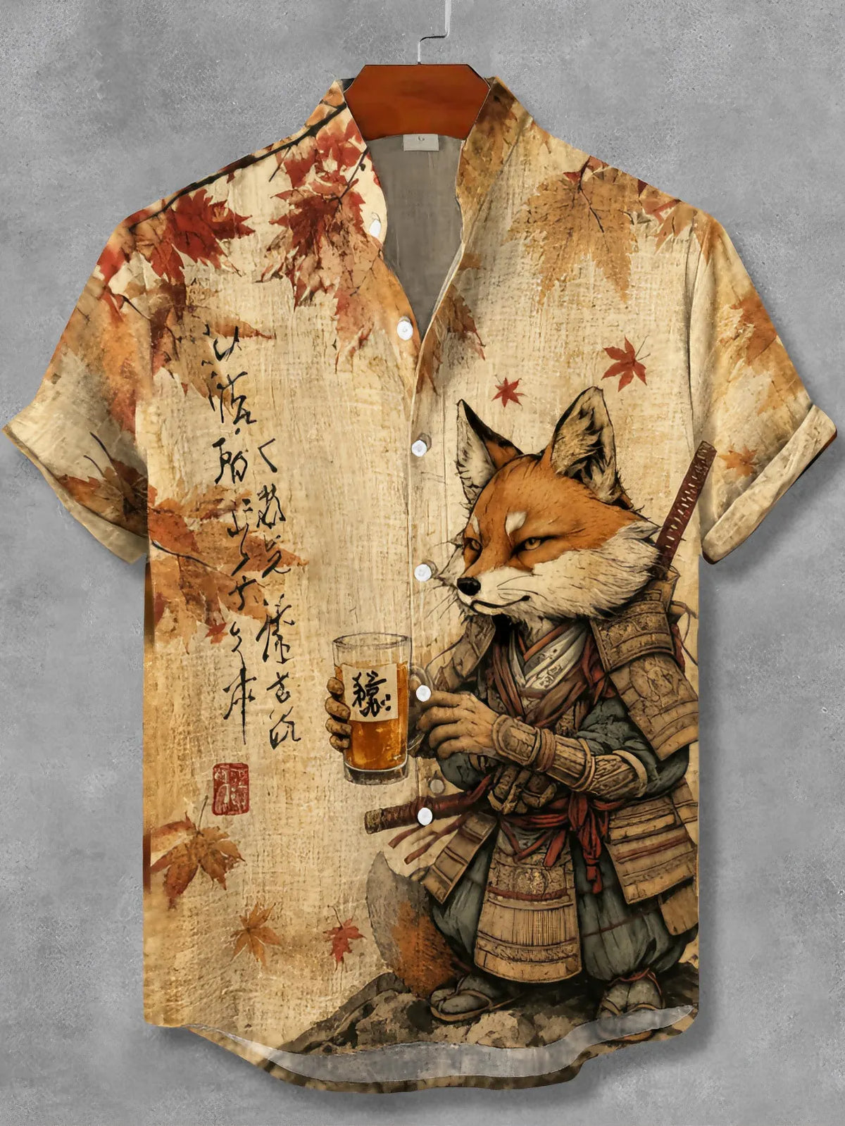 Men's Retro Samurai Fox Drinking Tea In Fall Japanese Ukiyo-e Graphic Print Short Sleeve Shirt